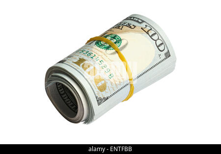 Rolle von 100 US-Dollar-Banknoten isoliert auf weißem Hintergrund mit Beschneidungspfad Stockfoto