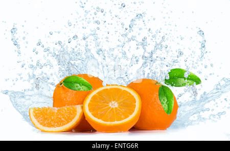 Orangen mit Wasser spritzt auf weißem Hintergrund Stockfoto