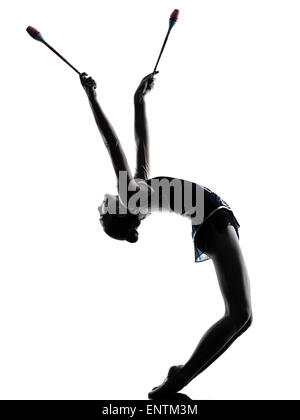 eine Kaukasische Frau Ausübung rhythmische Gymnastik in der Silhouette isoliert auf weißem Hintergrund Stockfoto