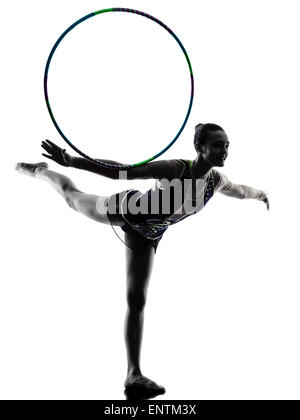 eine Kaukasische Frau Ausübung rhythmische Gymnastik in der Silhouette isoliert auf weißem Hintergrund Stockfoto