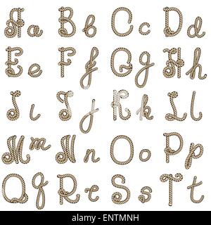 Alten Seil handgezeichneten Alphabet Buchstaben von A bis T Stock Vektor