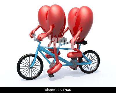 zwei Herzen mit Armen und Beinen mit Tandem Fahrrad, 3d illustration Stockfoto