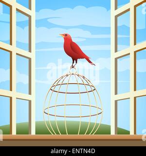 Songbird auf einen Käfig im offenen Fenster sitzen. Stock Vektor