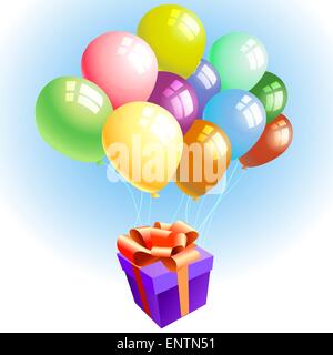 Eine Vektor-Illustration von fliegenden Ballons mit einem Geschenk gegen blauen Himmel Stock Vektor