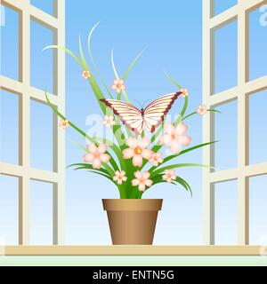 Eine Vektor-Illustration der Schmetterling auf einer Fenster-Anlage gegen offene Fenster Stock Vektor