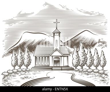 Darstellung der Kirche Hof und Dorf Straße gegen Berglandschaft im Vintage Gravur Stil gezeichnet Stock Vektor