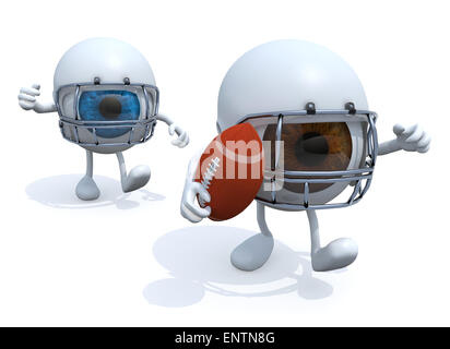 zwei große Augen mit Armen, Beinen, Helm und Rugby-Ball, 3d illustration Stockfoto