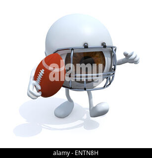 Big Eye mit Armen, Beinen, Helm und Rugby-Ball, 3d illustration Stockfoto