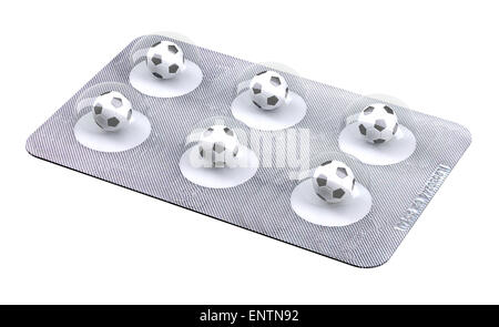 Soccerball Pillen im Blister isoliert auf weißem Hintergrund, 3d illustration Stockfoto