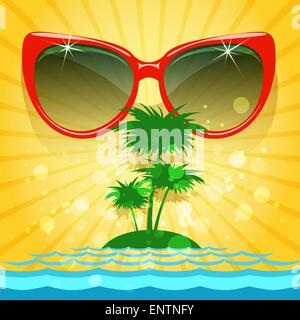Sommer Hintergrund mit Sonnenbrille und tropische Landschaft. Stock Vektor