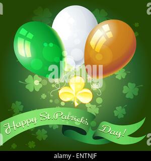 St. Patricks Day festliche Grußkarte mit golden Shamrock und Ballons. Stock Vektor