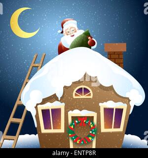 Vektor-Illustration der Weihnachtsmann mit Geschenk auf dem Dach Stock Vektor