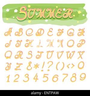 Hand zu ziehen Sommer bunte Alphabet - Großbuchstaben und Ziffern. Isoliert auf weißem Hintergrund. Stock Vektor