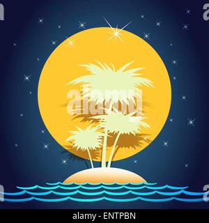 Eine Vektor-Illustration der tropischen Insel im Meer vor Vollmond und Mitternacht Sternenhimmel Stock Vektor