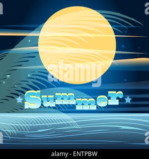 Eine Vektor-Illustration Sommer Nacht Seelandschaft mit Vollmond und Palme Blätter Stock Vektor
