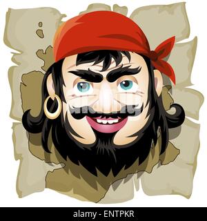 Lächelnde Piraten gegen eine Schatzkarte im Cartoon-Stil gezeichnet. Isoliert auf weißem Hintergrund. Stock Vektor