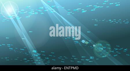 Eine Vektor-Illustration von Unterwasser Seelandschaft mit Schule der Fische und Sonnenstrahlen Stock Vektor