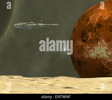 Eine Sterne-Schiff Besuche eines Asteroiden in der Nähe des Planeten Merkur im Laufe einer investigativen Reise in das innere Sonnensystem. Stockfoto