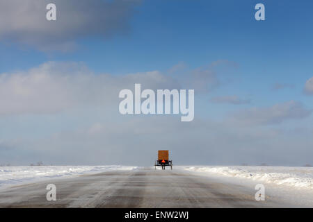 Amische Buggy fährt Landstraße an einem kalten Wintertag im pfälzischen Township, Mohawk Valley, New York State. Stockfoto