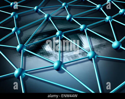 Persönliche Daten und Passwort Login Informationen Technologie Schutzkonzept als ein dreidimensionales Netzwerk über ein pixelig digitale menschliches Auge als Symbol für Datenschutz Sicherheit über das Internet verbunden. Stockfoto