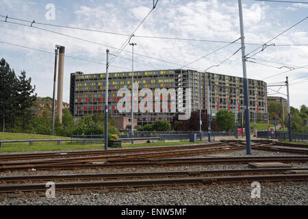 Straßenbahn-Linien und Park Hill Wohnungen Sheffield Stadtzentrum, England UK Stockfoto