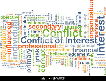 Hintergrund-Konzept Wordcloud Illustration eines Interessenkonflikts Stockfoto