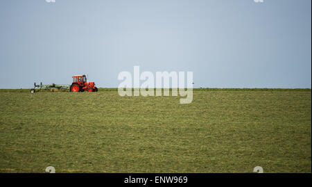 Ein Datei-Bild vom 11. Mai 2015 zeigt einen Traktor drehen frische Gräser in der Nähe von Grimma, Deutschland. Foto: LUKAS SCHULZE/dpa Stockfoto