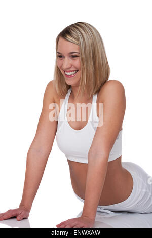 Fitness-Serie - blonde Frau im weißen outfit Stockfoto