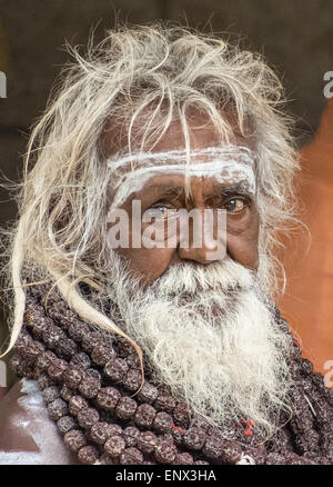 Porträt von Sadhu auf Sri Ramana Ashram in Tiruvannamalai, Indien Stockfoto