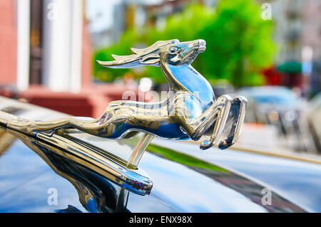 KALININGRAD, Russland - 9. Mai 2015: Marke Hirsch auf der Motorhaube Retro-sowjetischen Wolga GAZ-21 Stockfoto