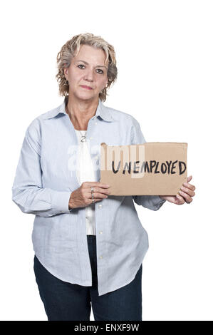 Frau mit einer Arbeitslosigkeit Schild Stockfoto