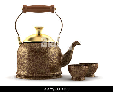 verzierten chinesischen Teekanne und Tassen isoliert auf weiss Stockfoto