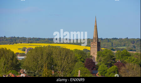 St. Johannes Kirche dominiert die Landschaft in der kleinen Stadt Bromsgrove in Worcestershire mit Feldern von Raps hinter Stockfoto