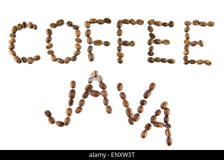 Kaffee und Java Wörter aus Kaffee, isoliert auf weiss Stockfoto