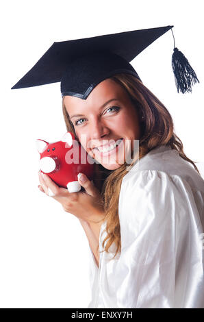 Student und Sparschwein auf Weiß Stockfoto