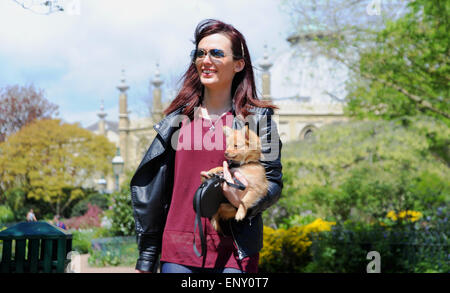 Brighton, UK. 12. Mai 2015. Wetter: Eine junge Frau nimmt ihre kleinen niedlichen Hund für einen Spaziergang in der Sonne durch Brighton Pavilion Gardens heute mit Temperaturen, die hohe Teens erreichen Celsius Credit: Simon Dack/Alamy Live News Stockfoto