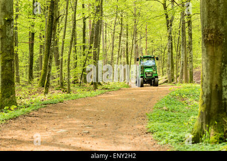 Ronneby, Schweden - 11. Mai 2015: Kleine John Deere Komprimierungsprogramm Traktor 2520 in den Wald auf schmalen Pfad verwendet. Hier zu sehen mit einem Anhänger in Buchenwald umgeben. Stockfoto