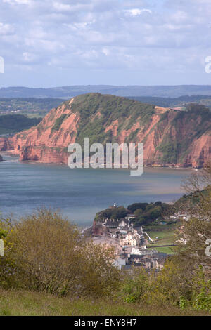 Sidmouth. Die South West Coastal Path in Salcombe Hill Klippe, in Sidmouth, Devon, mit der Stadt und Lyme Bucht hinter. Stockfoto