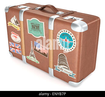 Leder-Koffer mit Retro-Reisen Aufkleber. Stockfoto