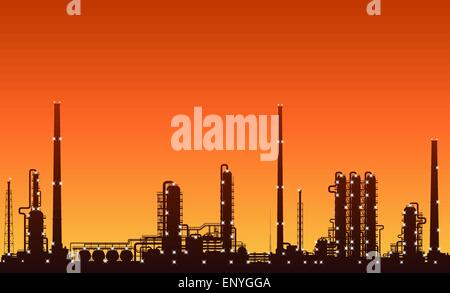 Öl-Raffinerie oder chemische Anlage Silhouette mit Nacht leuchtet auf bei Sonnenuntergang. Detaillierte Vektor-Illustration. Stock Vektor