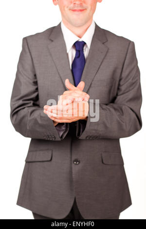 Isolierte Geschäftsmann klatschte vor weißem Hintergrund Stockfoto