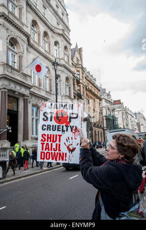 Hunderte von Demonstranten versammeln sich gegenüber der japanischen Botschaft in London zum protest gegen die Tötung von den Säugetieren während der Delphin-Laufwerke, die jedes Jahr von September bis März in Taiji, Higashimuro District, Präfektur Wakayama, Japan statt.  Mitwirkende: Wo sehen: London, Vereinigtes Königreich bei: Kredit-7. November 2014: Peter Maclaine/WENN.com Stockfoto