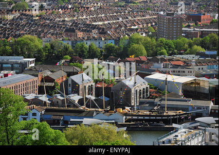 Die Ansicht von Brunels SS Great Britain in Bristol Hafen angesehen von der Spitze der Cabot Tower in Brandon Hill in Bristol. Stockfoto