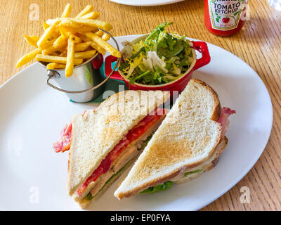 Café Mittagessen ein zwei-Schicht-Club-Sandwich in White bread mit Speck Salat Tomate Huhn und Mayo mit Salat und Pommes frites Stockfoto