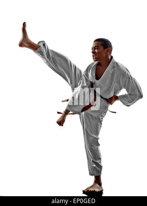 ein Karate Kata Training Jugendliche Kind isoliert auf weißem Hintergrund Stockfoto