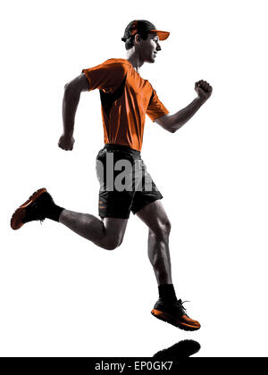 ein junger Mann Läufer Jogger laufen Joggen in der Silhouette isoliert auf weißem Hintergrund Stockfoto