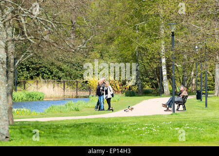 Ronneby, Schweden - 11. Mai 2015: Gruppe von Personen genießen einen schönen Tag im Park, Blick auf Schlägel. Mann sitzt auf der Bank. Kanal neben Gruppe. Sonne im Frühling. Stockfoto