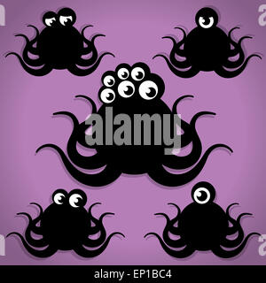 Fünf beängstigend wenig schwarz Tentacled Monster Halloween Icons auf lila Hintergrund Stockfoto