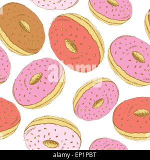 Skizzieren Sie leckeren Donut im Vintage-Stil, Vektor nahtlose Muster Stock Vektor