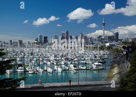 Westhaven Marina und Sky Tower, Auckland, Nordinsel, Neuseeland Stockfoto